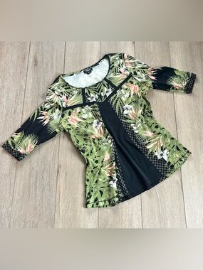 Olsen Black & Green Tropical Scoop Neck